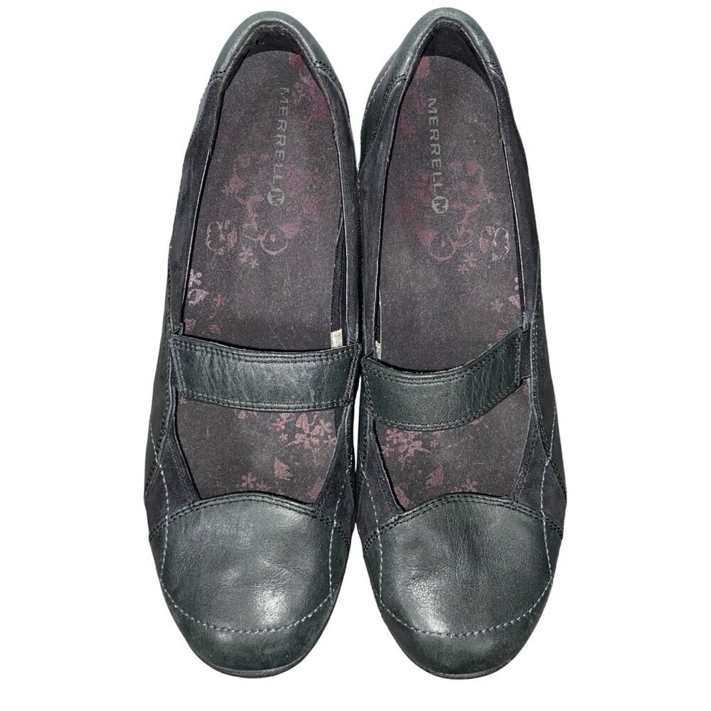 Merrell Womens Mary Jane Wedge Shoes Size 9.5 Black Leather vibram outdoor